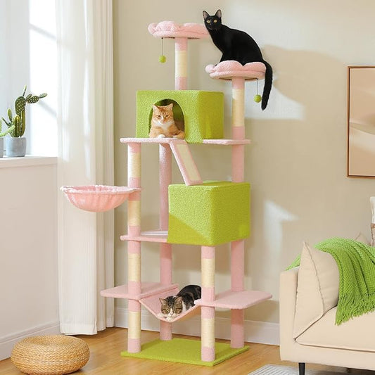 Flower Cat Tree Tall 70.8" for Adult Indoor Cats, 8-Levels Large Cat Tower with 8 Sisal Posts, 2 Hammocks, 2 Condos, Big Perch & 3 Pom Poms for Multi-Cats Household – Carpet Pink