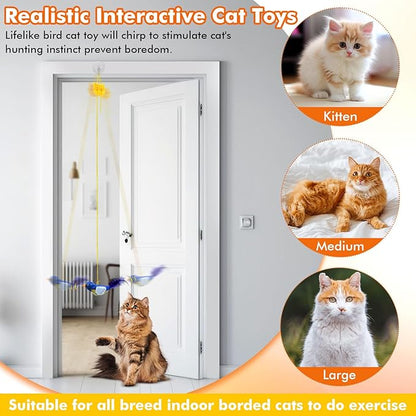 Interactive Cat Toys for Indoor Cats, Retractable Door Hanging Cat Toys with Catnip and Feathers, 3 Pack Chirping Bird Cat Toy for Chase Exercise Boredom Buster for Kittens & Adult Cats