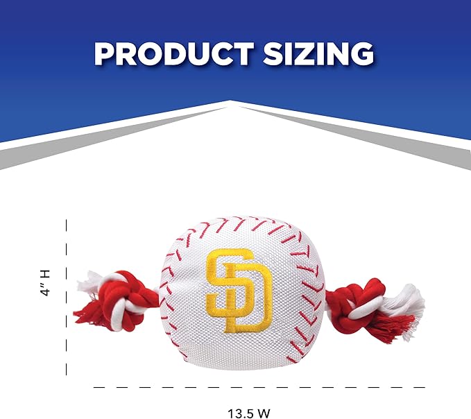 MLB SAN DIEGO PADRES Baseball Rope Toy for DOGS & CATS. Tough nylon, Sporty Baseball Design, Heavy-duty ropes with Inner SQUEAKER