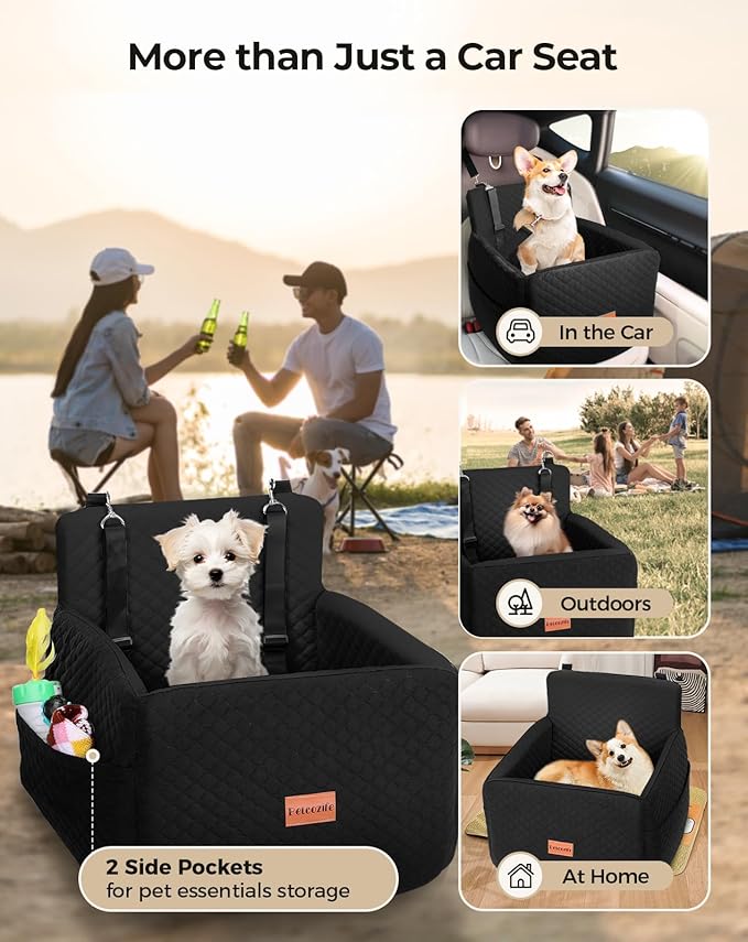 Dog Car Seat for Small & Medium Dogs Under 35lbs, Detachable & Washable Pet Car Seat, Interior Height 6 Inches Dog Booster Seat with Storage Pockets and 2 Dogs Safety Belts (Black)