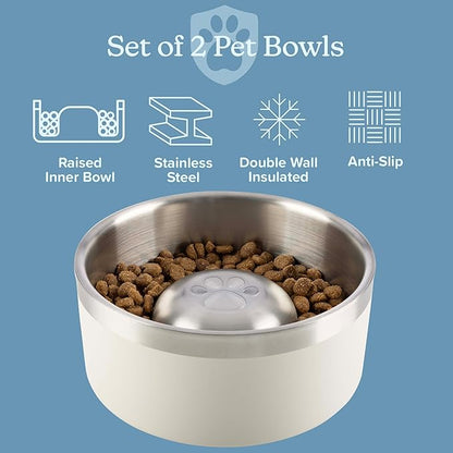 Set of 2 Stainless Steel Slow Feeder Dog Bowls - 60oz or 7.5 Cups Double Wall Insulated Food and Water Bowls for Dogs - Non Slip Metal Pet Dishes for Medium to Large Sized Pets by PETMAKER (Cream)