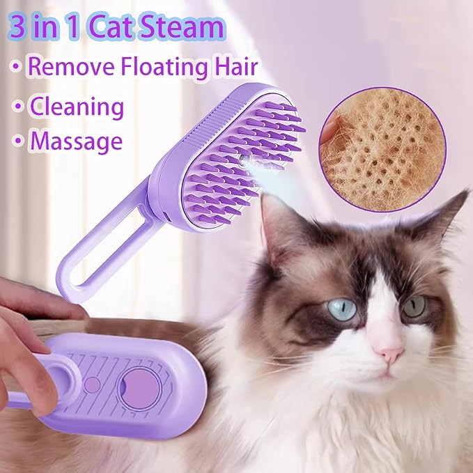 3 in 1 Cat Steam Brush for Shedding & Grooming with Foldable Handle Pet Spray Hair Removal Comb Spritz Defur Comb for Cats Water Brush for Long & Short Haired Pets