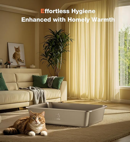 Stainless Steel Metal Litter Box with Handle, Extra Large Cat Litter Box with High Sides, Odor-Free, Non-Stick, Easy to Clean, 23.4"×15.6"×5.9", Ideal for Large Cats & Multi-Cat Households