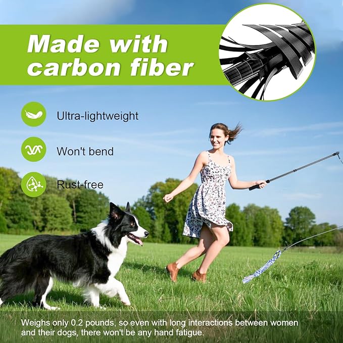 Carbon Fiber Flirt Pole for Dogs, 0.2 Pounds Lightweight Dog Flirt Pole for Large Medium Small Dogs, Telescopic Flirt Stick with 2 Toys & 2 Ropes (28 Inches Pole)