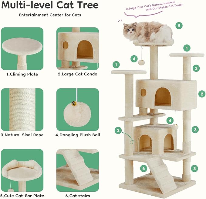 DUMOS 54-inch Indoor Cat Tree Tower –Multi-Level Pet House for Large Cats with 2 Condos, Scratching Posts, Round Platform, Small Ladder, and Toys, Beige