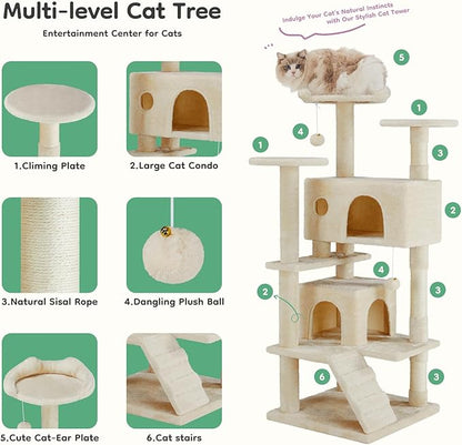 DUMOS 54-inch Indoor Cat Tree Tower –Multi-Level Pet House for Large Cats with 2 Condos, Scratching Posts, Round Platform, Small Ladder, and Toys, Beige