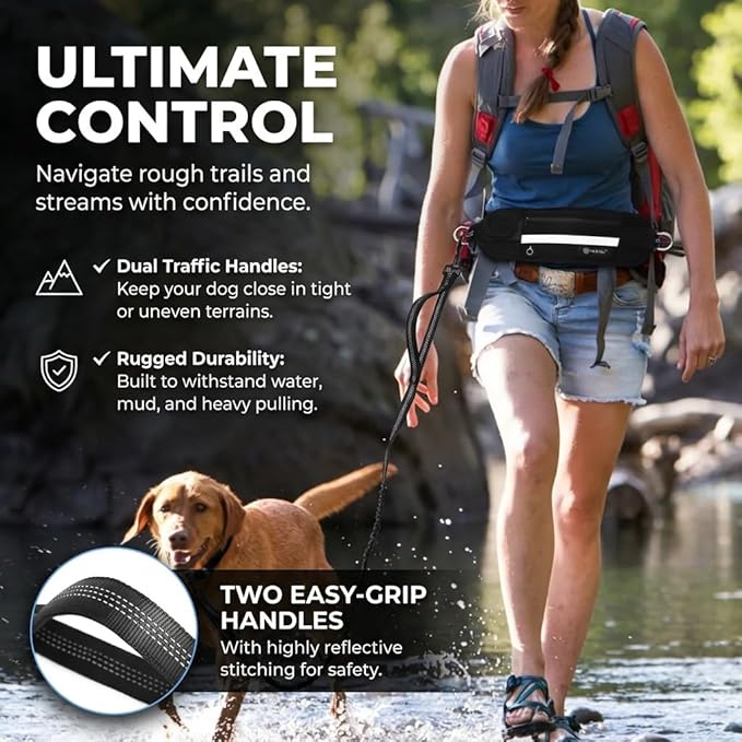 Tails & Tales Hands Free Dog Leash with Lightweight Waist Pouch for Walking Running Hiking, Adjustable Belt 25-45", Dual Padded Handles, Reflective Bungee Design for Small to Large 100lb Dogs (Black)