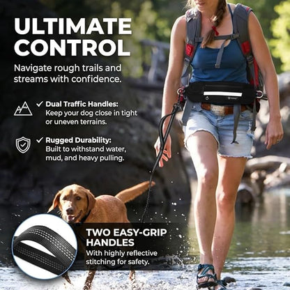 Tails & Tales Hands Free Dog Leash with Lightweight Waist Pouch for Walking Running Hiking, Adjustable Belt 25-45", Dual Padded Handles, Reflective Bungee Design for Small to Large 100lb Dogs (Black)