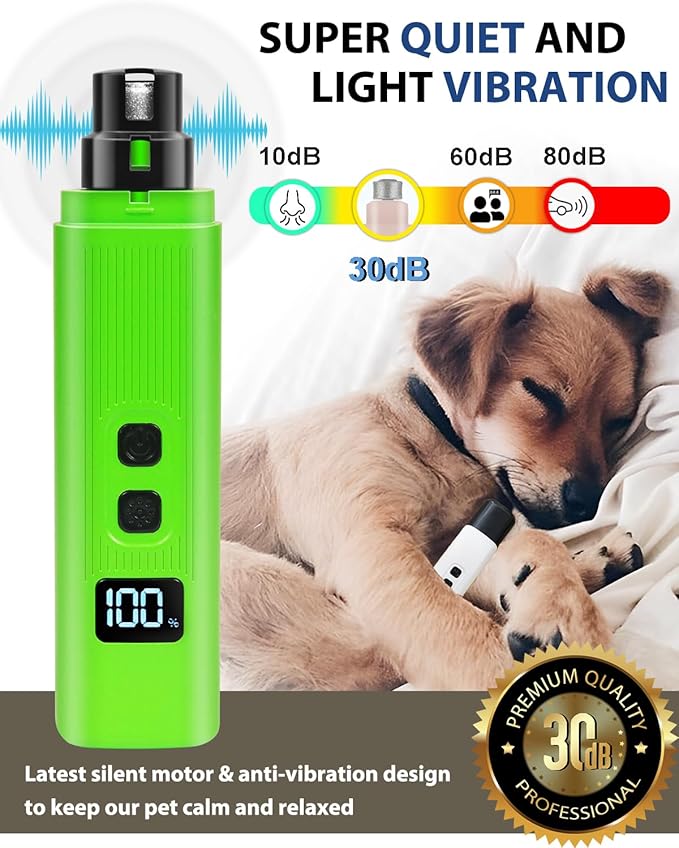 Electric Dog Nail Grinder with 2 Level LED Lights, 2 Speed Super Quiet and Low Vibration Electric Cat Nail Grinder - Rechargeable Pet Nail Grinder for Small Dogs Cats - Green