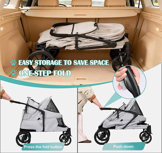 Pet Stroller with Ramp for Large Dogs up to 132lbs, Large Pet Gear for Multiple Dogs/Cats, All-Terrain with Mesh Dual-Window & NO-Zip, Removable Mattress & Slope Pad (Gray)