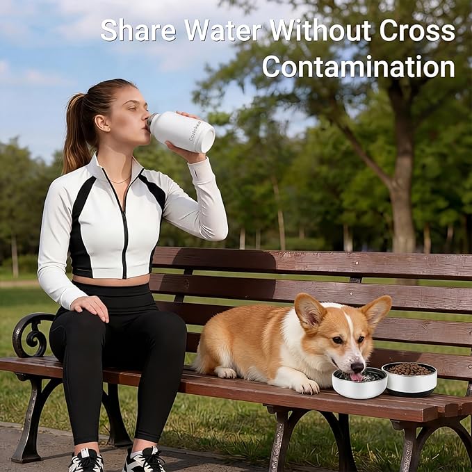 3-in-1 Dog Water Bottle Portable, 32oz Insulated Stainless Steel Pet Water Dispenser with 2 Detachable Travel Dog Bowls for Water & Food, Leak-Proof Puppy Water Bottle for Hiking, Walking (White)