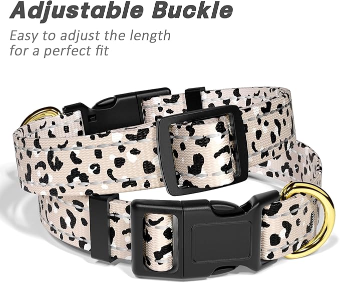 Reflective Dog Collar for Large Dogs, Cute Leopard Style Adjustable Heavy-Duty Nylon Puppy Collar for Boy and Girl Female, Soft Pet Accessories with Quick Release Buckle, Beige
