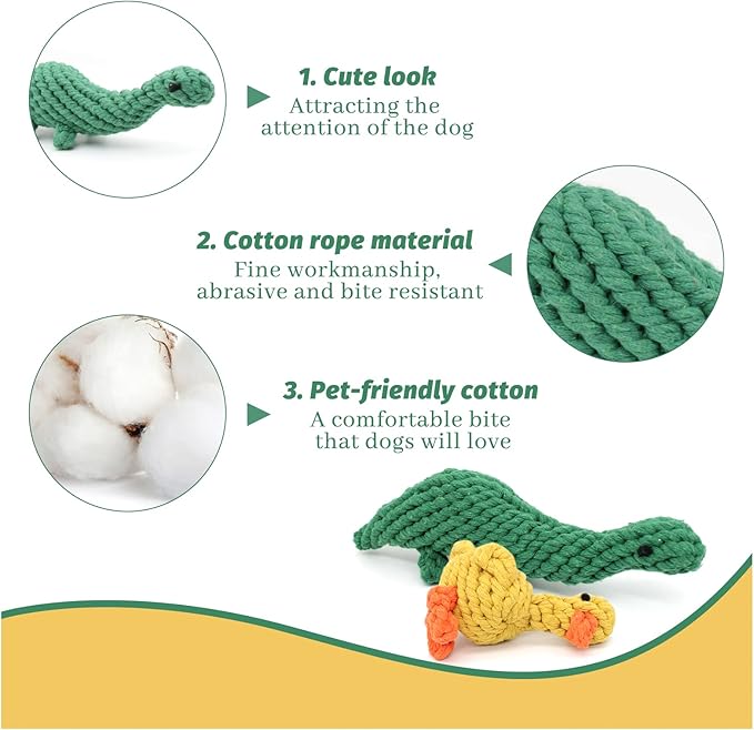 WishLotus 2Pc Dog Rope Toys, Cute Dinosaur and Yellow Duck Shaped Dog Toys for Aggressive Chewers, Cotton Dog Chew Toys for Small Medium Large Breed Teething (Dinosaur+Duck)