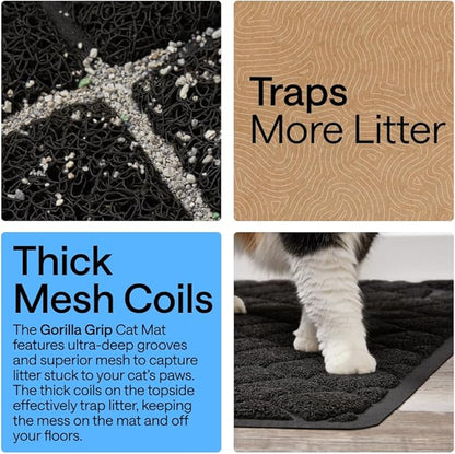 GORILLA GRIP Cat Litter Box Mat, 47x35, Cushioned Coil Mesh Litter Trapping Mats, Scatter Control Supplies for Less Mess, Phthalate Free, Ultra Deep Catch Grooves, Rinse or Vacuum to Clean, Black