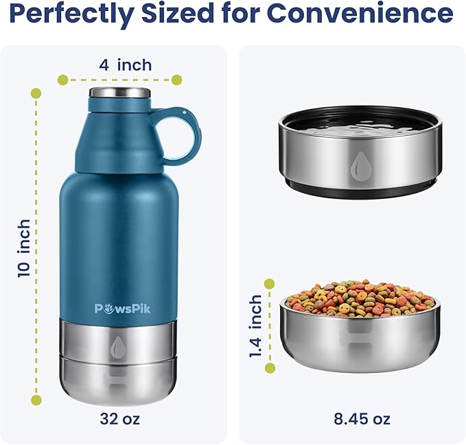 PawsPik 32oz 3-in-1 Travel Dog Water Bottle & Bowl Set – Stainless Steel Vacuum-Insulated Bottle with Detachable Food & Water Bowls, Leak-Proof, Keeps Water Cold 12hrs/Hot 6hrs (Midnight Summit Blue)