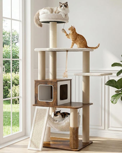 61" Modern Cat Tree Tower for Indoor Cats, Luxury Climbing Tower with Plush Lounge, Kitty Condos, Hammock & Scratching Posts, Classic cat Furniture (Rustin Brown)