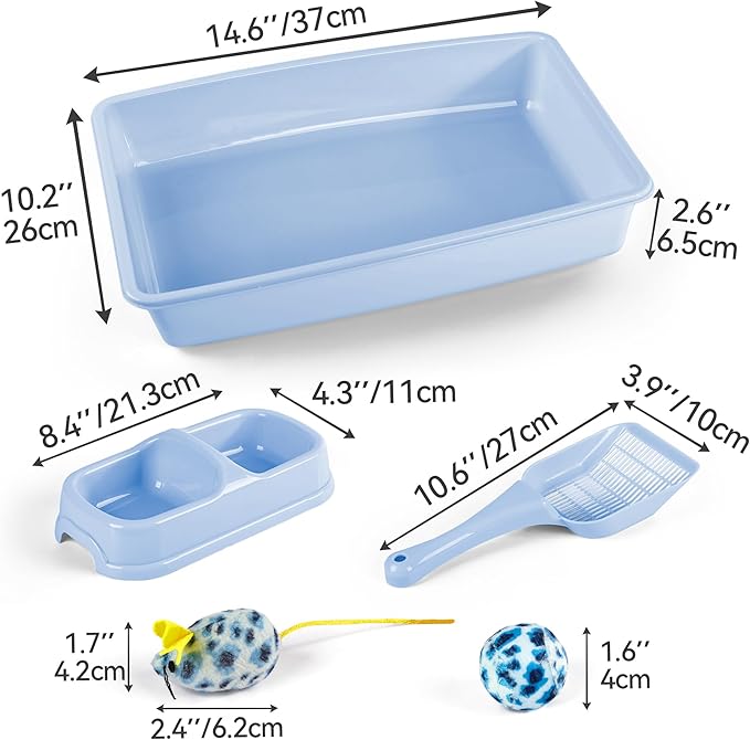 PAWISE Cat Litter Box Set, Small Cat Kitten Starter Kit, Includes Cats Toilet Kitten Litter Pan with Litter Scoop, Double Dish Cat Bowl, Kittens Mouse and Ball Toy