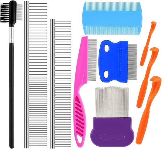 10 Pack Flea Comb for Dogs, Stainless Steel Dog Cat Grooming Combs with Rounded Teeth for Remove Fleas Lice Eggs, Tick Removal Tool for Small Pets