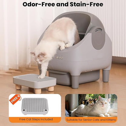 Upgraded Automatic Litter Box Self Cleaning, with Raised Step, Open Top Large Capacity for Multiple Cats, Odor Control & Safety Protection & Smart App Control & Health Monitoring & Quiet Operation