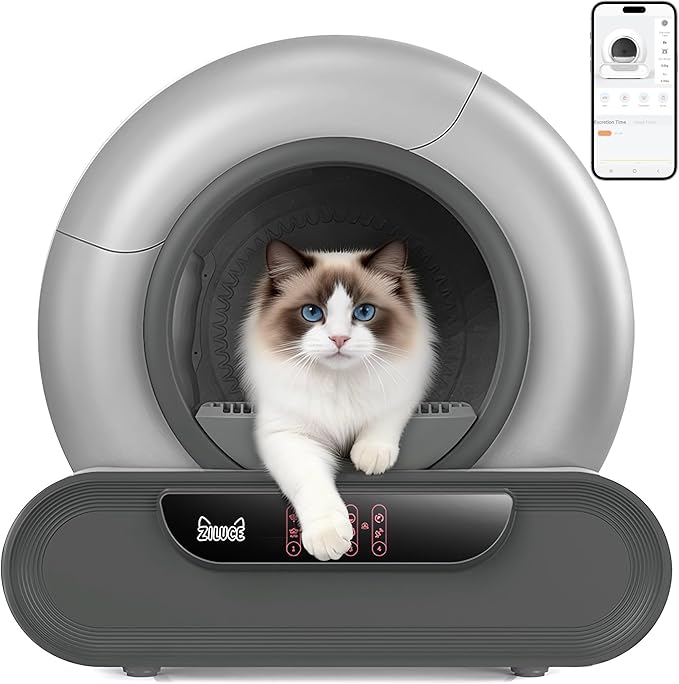 Automatic Cat Litter Box,Self Cleaning Litter Box,65L Automatic Cleaning Robot Litter Boxes,Gray Auto Litter Box with App Control,Self Cleaning Litter Box for Multiple Cats Kitty,Dual Safety Sensors