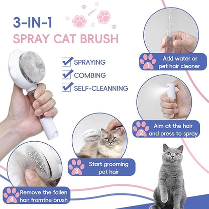 Cat Brushes For Indoor Cats, Cat Shedding Brush With Pet Flea Comb & Pet Nail Clippers, Slicker Brush For Dogs & Rabbit Grooming Kit, Spray Hair Removal Comb With Release Button & Visual Spray, White