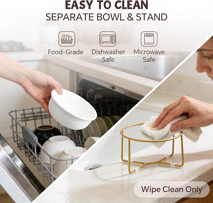 Elevated Ceramic Dog Bowl with Metal Stand - Raised Feeding Dish for Small Dogs and Cats - Ideal for Food or Water - Each Holds 400ml / 2 Cups (Approx. 200g) - White