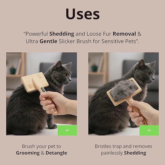 Removes Loose Fur & Tangles Fast | Dog & Cat Slicker Brush | Bamboo Deshedding Tool for All Coat Types | Gentle & Eco-Friendly Grooming