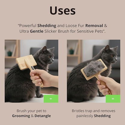 Removes Loose Fur & Tangles Fast | Dog & Cat Slicker Brush | Bamboo Deshedding Tool for All Coat Types | Gentle & Eco-Friendly Grooming