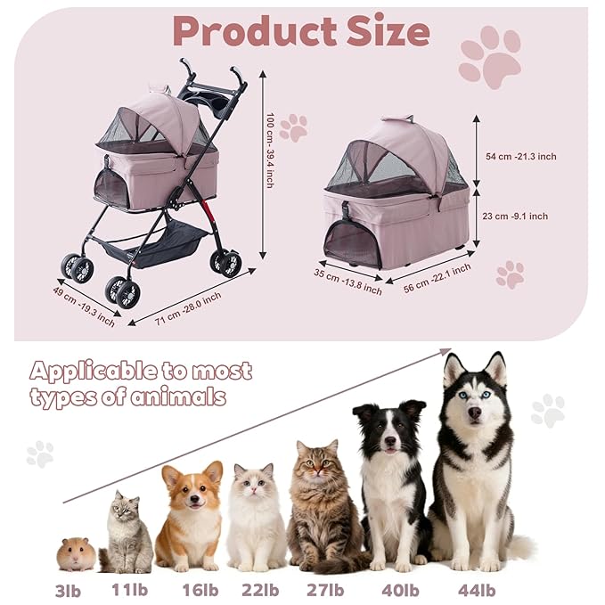 4 Wheels Pink Foldable Pet Stroller with Storage Basket, Cup Holder & Breathable Mesh for Small/Medium Dogs and Cats