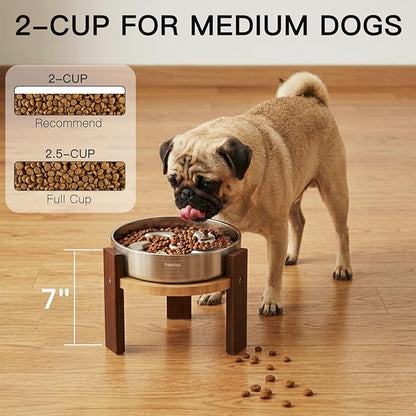 Elevated Dog Bowl Stand, 6'' Height Raised Stand for Medium&Small Dogs, Includes 2Cups Stainless Steel Slow Feeder Dog Bowl, Durable Solid Hardwood