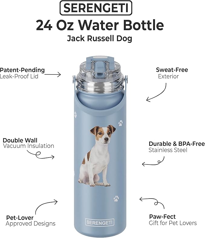 SERENGETI 24 Oz Water Bottle Stainless Steel with Spill Proof Lid - Double walled Vacuum Insulated water flask - Realistic 3D Print of your favorite dog (Jack Russell Terrier)