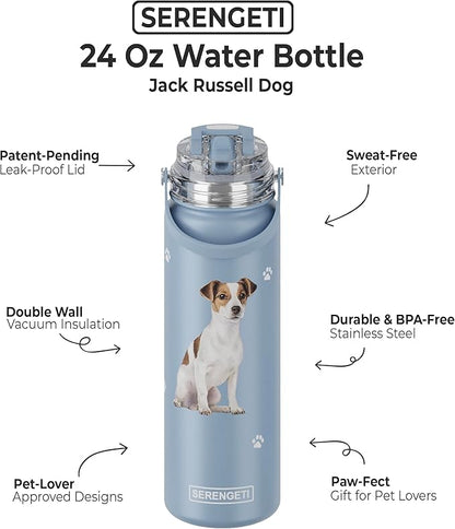 SERENGETI 24 Oz Water Bottle Stainless Steel with Spill Proof Lid - Double walled Vacuum Insulated water flask - Realistic 3D Print of your favorite dog (Jack Russell Terrier)