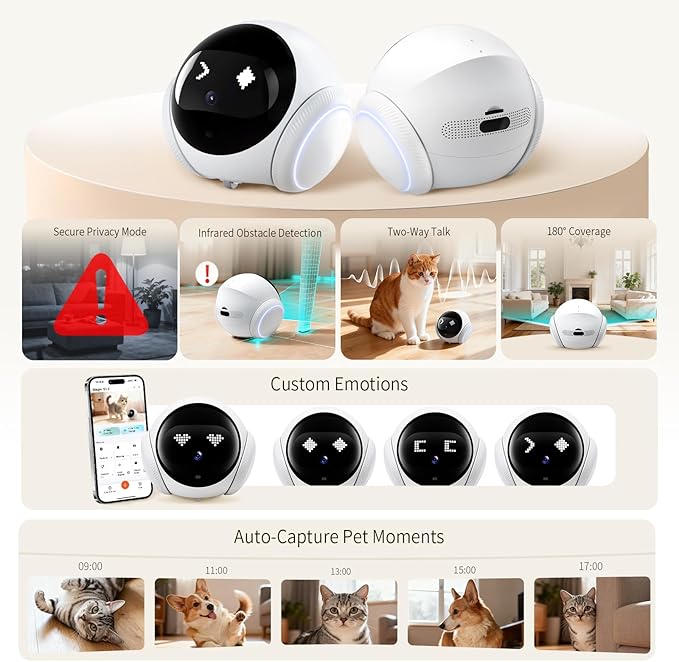 Pet Camera Robot Companion Monitor – Movable Home Security Cam with 1080P Video, 2.4GHz WiFi, Motion Tracking, Laser Toy, Two-Way Talk – App Control for Dogs & Cats