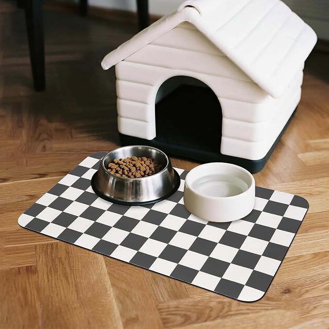Checkered Dog Food Mat, Absorbent Leak-Proof Pet Feeding Mat, Quick Dry Cat Food Mat for Messy Drinkers 12" x 20" Black
