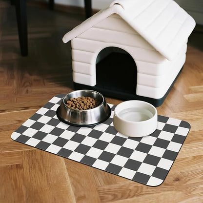 Checkered Dog Food Mat, Absorbent Leak-Proof Pet Feeding Mat, Quick Dry Cat Food Mat for Messy Drinkers 12" x 20" Black