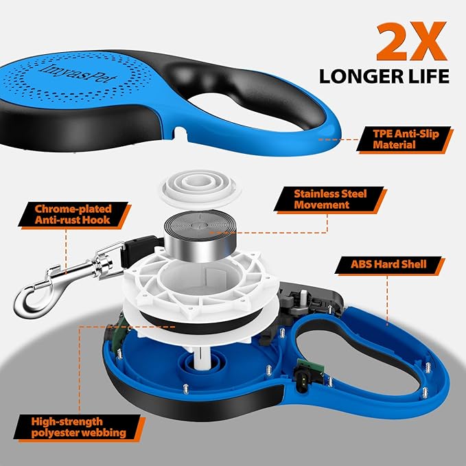 Upgraded Retractable Dog Leash with Chew Proof Extender, Pet Walking Leashes with Poop Bag Holder, 16Ft Heavy Duty Retractable Pet Leash for Medium Large Dogs up to 110lbs, Anti-Slip Grip