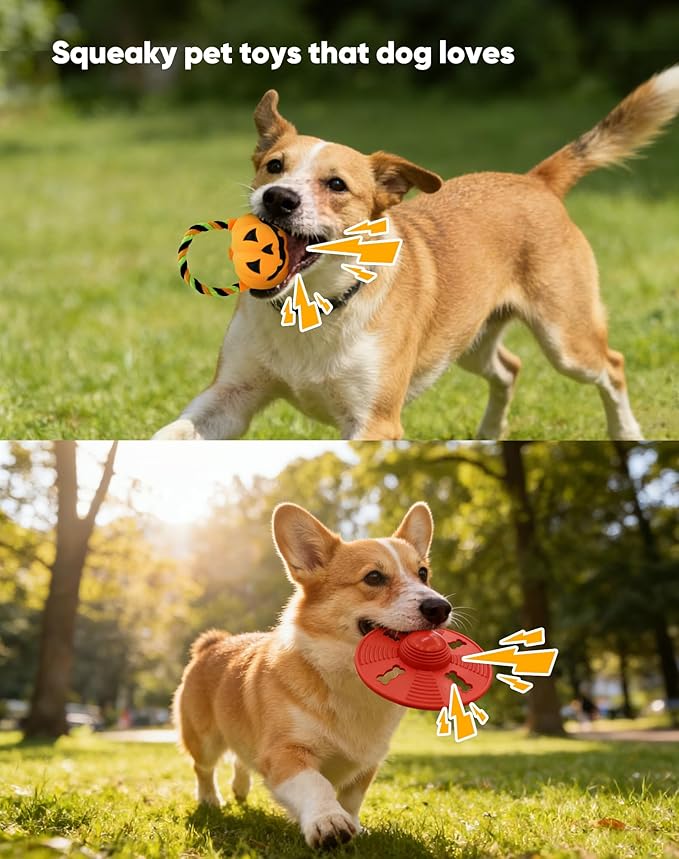 Deeow Alieen Dog Frisbee for Fetch and Orange Jack-o-Lantern Pet Toys, Teething Clean Outdoor Flying Disc and Halloween Pumpkin Pet Toy, Interactive Squeaky Dogs Toy for Water, Park, Beach Fun