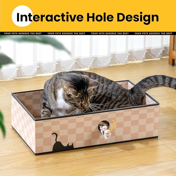 Cat Scratcher Box with Heavy-Duty Double-Sided Cardboard Pad, Cardboard Lounger, Interactive Hole Design, Cat Bed for Indoor Cats, Checkered,Large - 5 Pack