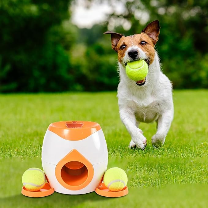 Dog Tennis Ball Food Reward Machine, Interactive Puzzle Toy with Slow Food Dispenser, Outdoor Training Toys Ball Launcher for Medium/Large Dogs, Exercise Mental Stimulation (Orange)