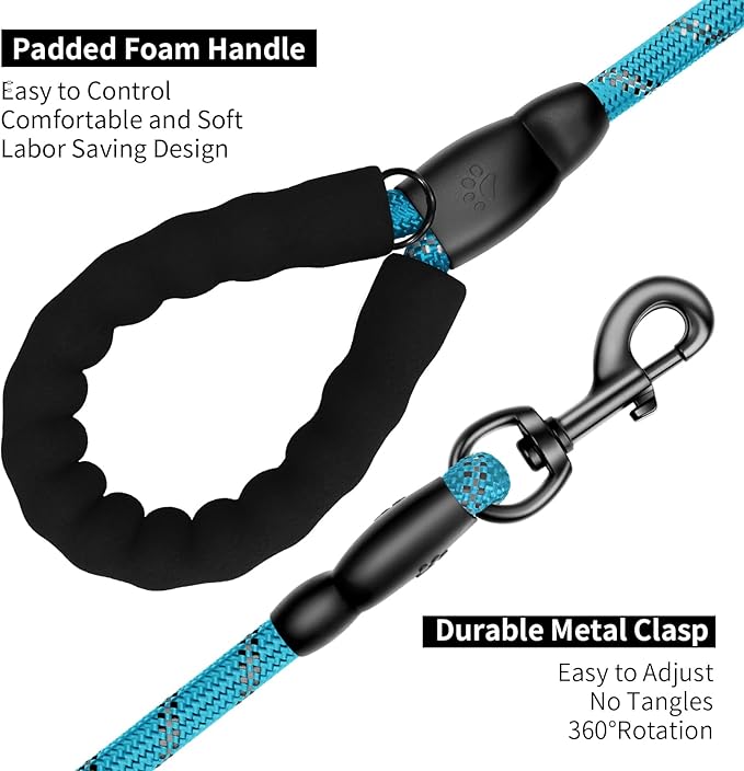 Heavy Duty Dog Leash for Large Medium Small Breed Dogs, Reflective Rope Dog leashes with Comfortable Handle,4/5/6 FT Pet Puppy Leash for Night Walking with Poop Bag Holder,Sky Blue,1/2 inch