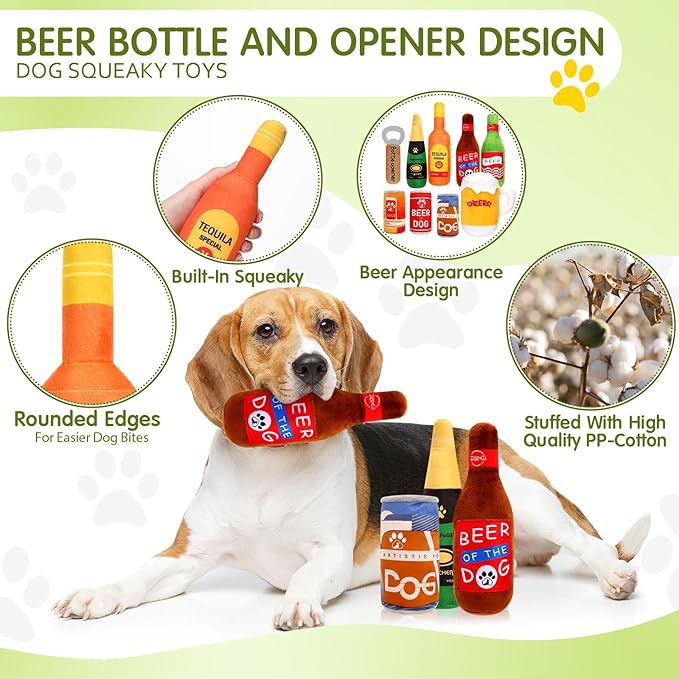 9 Pcs Beer Dog Squeaky Plush Toys Set Water Bottle Squeaky Toys Bulk Dog Interactive Funny Puppy Teething Chewing with Squeaker for Small and Medium Pet Training Teeth Doggie Birthday Gifts