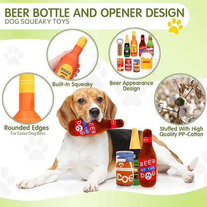 9 Pcs Beer Dog Squeaky Plush Toys Set Water Bottle Squeaky Toys Bulk Dog Interactive Funny Puppy Teething Chewing with Squeaker for Small and Medium Pet Training Teeth Doggie Birthday Gifts