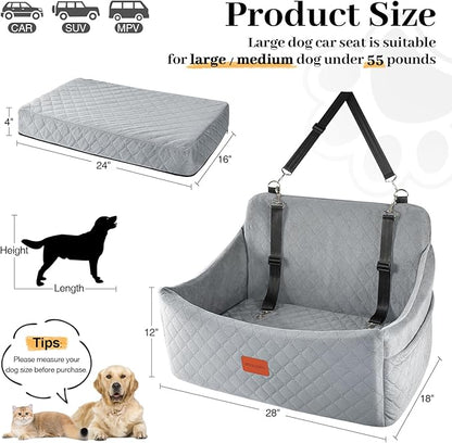 Wooaidagg Dog Car Seat for Medium & Large Dogs Up to 55lbs, Memory Foam Cushion, Washable Cover, Safety Straps & Non-Slip Base(Grey,Large)