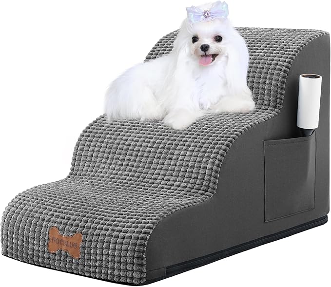 Dog Stairs for Small Dogs, Wide Pet Step with Removable Cover, No Assembly High Density Foam Cat Ramp for Bed or Sofa, 3-Step, Dark Grey