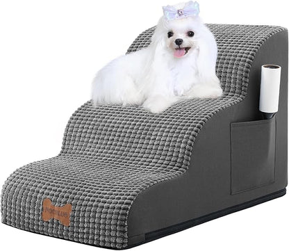 Dog Stairs for Small Dogs, Wide Pet Step with Removable Cover, No Assembly High Density Foam Cat Ramp for Bed or Sofa, 3-Step, Dark Grey
