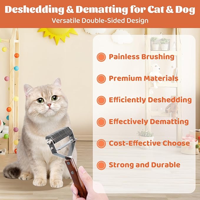 Pet Brush for Dematting & Deshedding, Professional Cat Grooming Brush, Dog Grooming Brushes with Wood Handle, Shedding Comb for Indoor Cats & Long Haired Cat Dog Pet