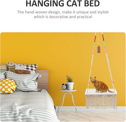 Hanging Cat Bed Macrame Hammock Kitten Swing Bed Bohemian Style Decorative Wear-Resistant Cat Nest Indoor Pet Accessory