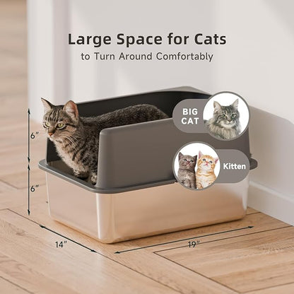 High-Sided Stainless Steel Cat Litter Box,Stainless Steel Litter Box with Lid,Extra Medium Box,Easy-to-Clean Metal Litter Pan for Cats (20''L X 14''W X 12''H with Enclosure)