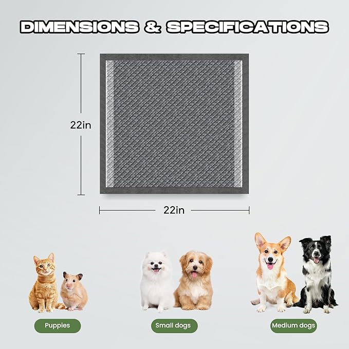 Charcoal Puppy Pads 80 Counts,22"x22" Dog Pee Pads Small Disposable Activated Carbon Super Absorbent Full Edge-Wrapping Pee Pads Odor-Control Training Pads for Doggie Cats Rabbits