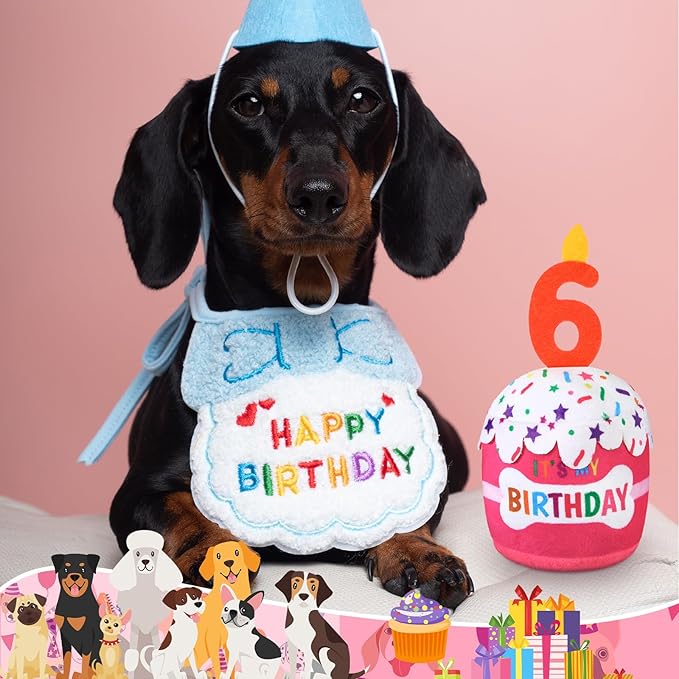 Dog Birthday Cake Toy Accessories for Girl Boy Gifts, Squeaky Plush Toy for Dog Birthday Party Decor Favor for Large, Medium and Small Dogs(6th,Pink)